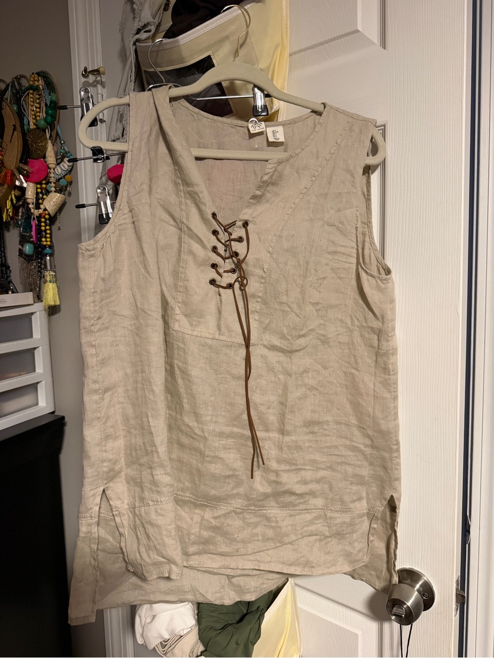 Artisan Ny Lace-Up Sleeveless Linen Tank in Beige